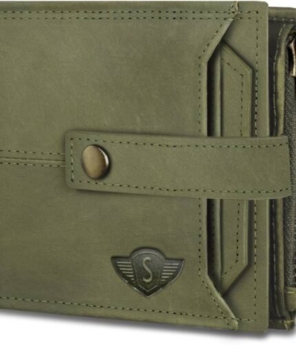 Men Trendy Green Genuine Leather RFID Wallet (12 Card Slots)