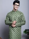 Men's Cotton Floral printed kurta Pyjama Set - color Olive color