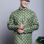 Men's Cotton Floral printed kurta Pyjama Set - color Olive color