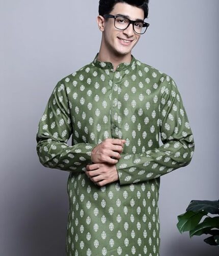 Men's Cotton Floral printed kurta Pyjama Set - color Olive color