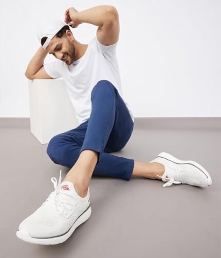 PERF Men's Sports Shoes for Walking & Running – Lightweight Knit Upper, EVA Sole, Breathable Jersey Lining, White Athletic Sneakers