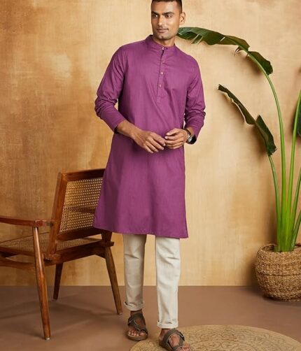 Amazon Brand - Symbol Men's Cotton Solid Long Kurta (Regular Fit)