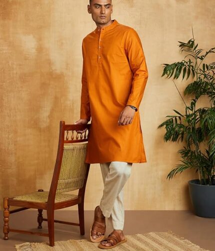 Amazon Brand - Symbol Men's Cotton Solid Long Kurta (Regular Fit)