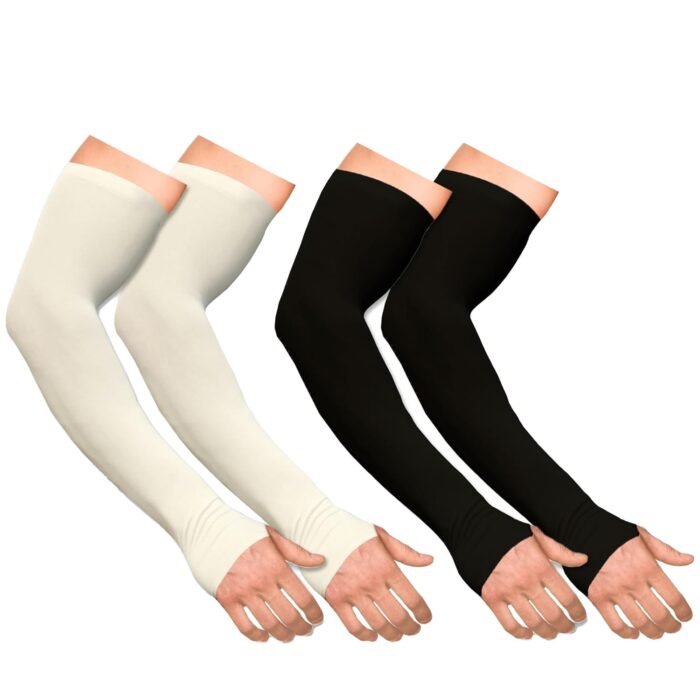 Boldfit Arm Sleeves for Men & Women UV Protection Hand Sleeves With Thumb for Boys & Girls Sun Protection Sleeves for Men Arm Sleeves for Women for Running, Hand Cover for Bike Riding Nylon - Colour: Black & Gray - 2Pair