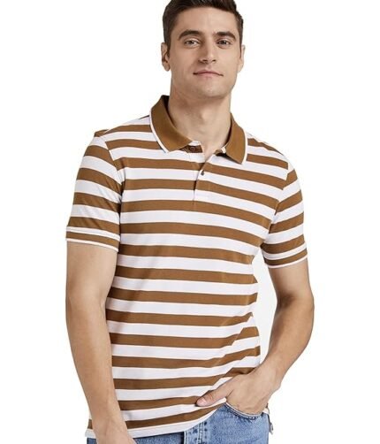 Men's Cotton Rich Striped Polo T Shirt | Collar Tshirts | Half Sleeves - Regular Fit - Colour Burnt Green and White