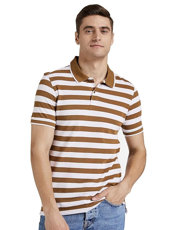 Men's Cotton Rich Striped Polo T Shirt | Collar Tshirts | Half Sleeves - Regular Fit - Colour Burnt Green and White Men's Cotton Rich Striped Polo T Shirt | Collar Tshirts | Half Sleeves - Regular Fit - Colour Burnt Green and White
