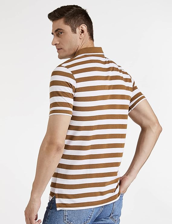 Men's Cotton Rich Striped Polo T Shirt , Collar Tshirts , Half Sleeves - Regular Fit - Colour Burnt Green and White 2