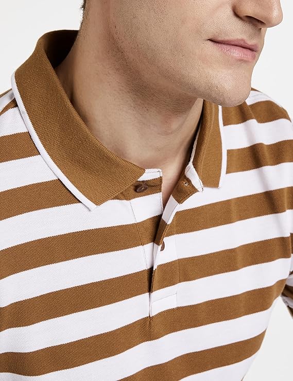 Men's Cotton Rich Striped Polo T Shirt , Collar Tshirts , Half Sleeves - Regular Fit - Colour Burnt Green and White 4
