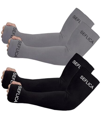 SEFLICA UV Sun Protection Cooling UPF 50 Compression Arm Sleeve for Men and Women With Thumb Hole, Arm Sleeves for Boys and Girls Tattoo Cover Up, Work, Golf, Baseball, Basketball, Football and More - Colour Black