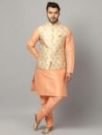 Uri and MacKenzie Men's Silk Blend Regular Kurta Churidar Pyjama with Bundi Nehru Jacket/Waistcoat