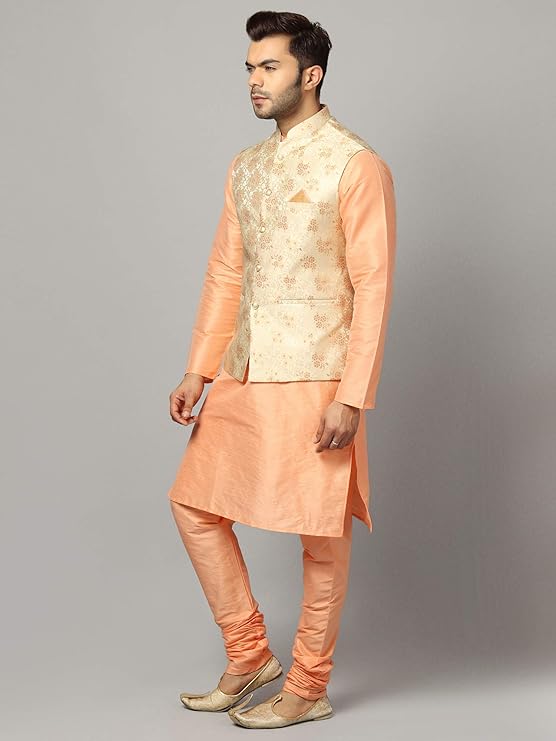 Uri and MacKenzie Men's Silk Blend Regular Kurta Churidar Pyjama with Bundi Nehru Jacket - Waistcoat2