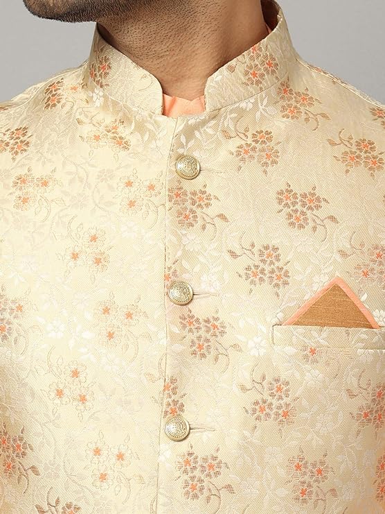 Uri and MacKenzie Men's Silk Blend Regular Kurta Churidar Pyjama with Bundi Nehru Jacket - Waistcoat4