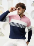 Men Collared Neck Sweater Color Blue - pink & white
