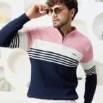 Men Collared Neck Sweater Color Blue - pink & white