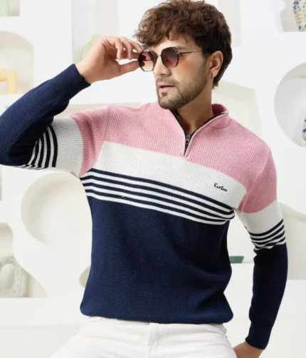 Men Collared Neck Sweater Color Blue - pink & white
