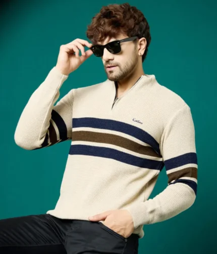 Men Collared Neck Sweater Color Cream