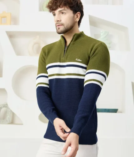 Men Collared Neck Sweater Color Olive navy
