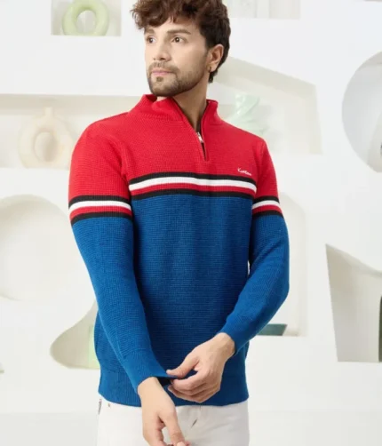 Men Collared Neck Sweater Color Red & Blue.