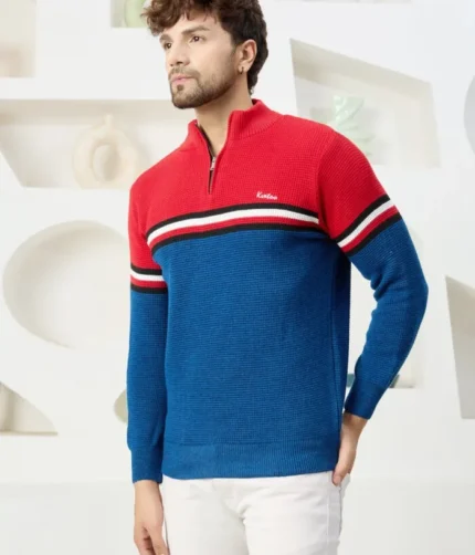 Men Collared Neck Sweater Color Red & Blue.