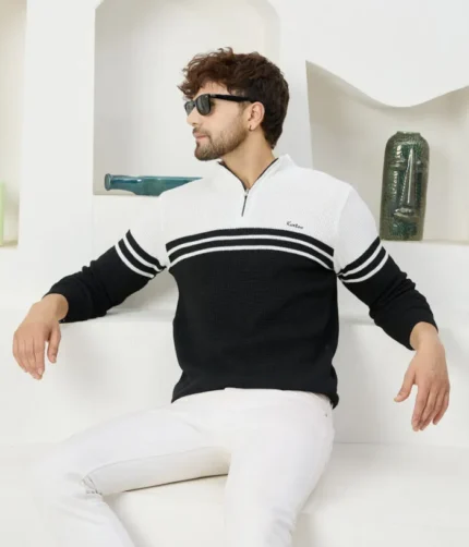 Men Collared Neck Sweater Color White & black