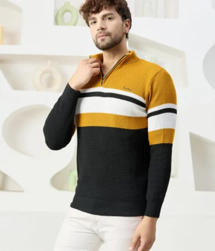 Men Collared Neck Sweater Color Yellow & black