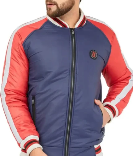Men Puffer Jacket color Navy Blue & Red