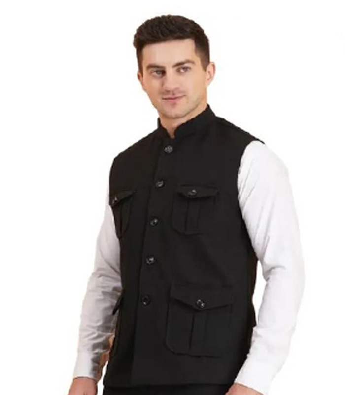 Men Solid Nehru Jacket - Black