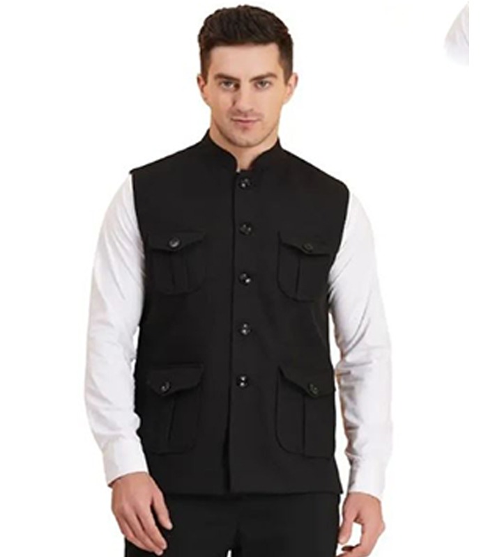 Men Solid Nehru Jacket - Black3