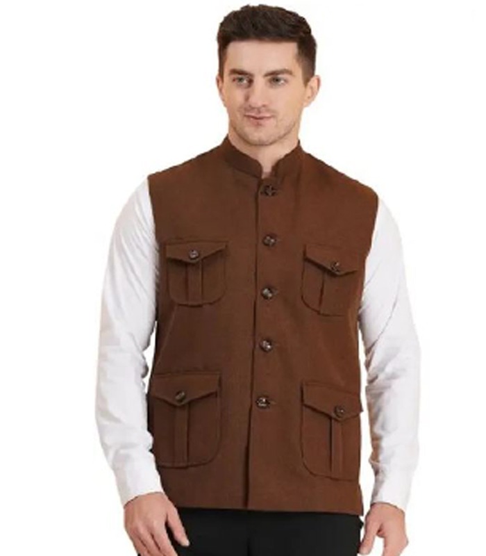 Men Solid Nehru Jacket - Brown 2