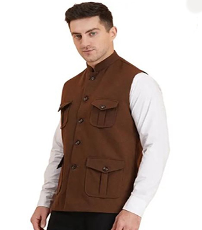 Men Solid Nehru Jacket - Brown