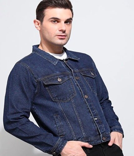 Men Solid Denim Jacket - Dark Blue