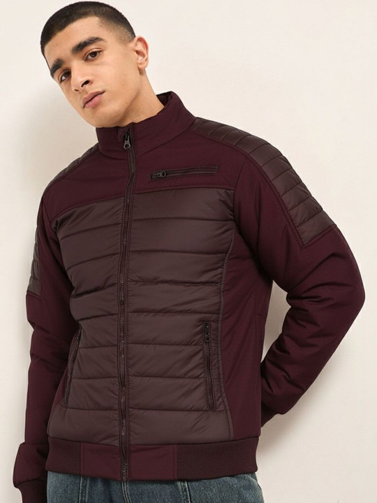 Men Colourblocked Lightweight Puffer Jacket - color Burgundy