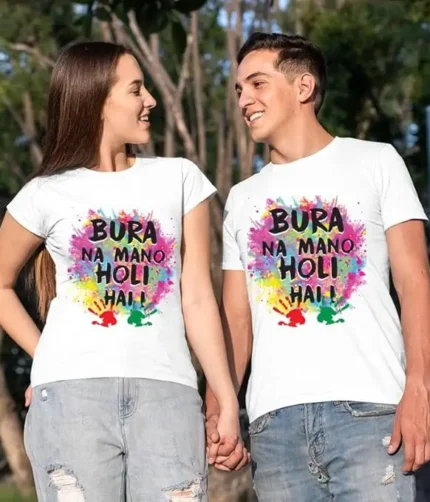 Couple Holi Tshirts Bura Na Mano Holi Hai for Men Women Polyester - White.