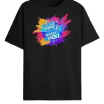Holi Colourful Print Cotton T-Shirt, Unisex Half Sleeve - Colour Black