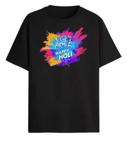 Holi Colourful Print Cotton T-Shirt, Unisex Half Sleeve - Colour Black