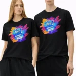 Holi Colourful Print Cotton T-Shirt, Unisex Half Sleeve - Colour Black