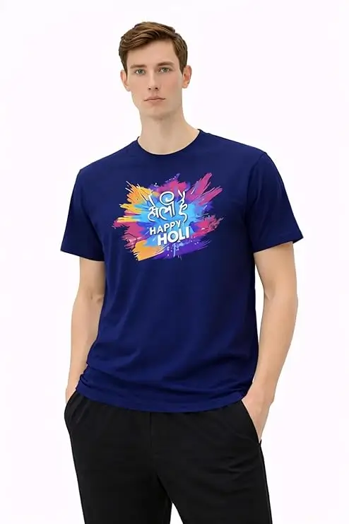 Holi Colourful Print Cotton T-Shirt, Unisex Half Sleeve - Colour Navy Blue . Holi Colourful Print Cotton T-Shirt, Unisex Half Sleeve - Colour Navy Blue .