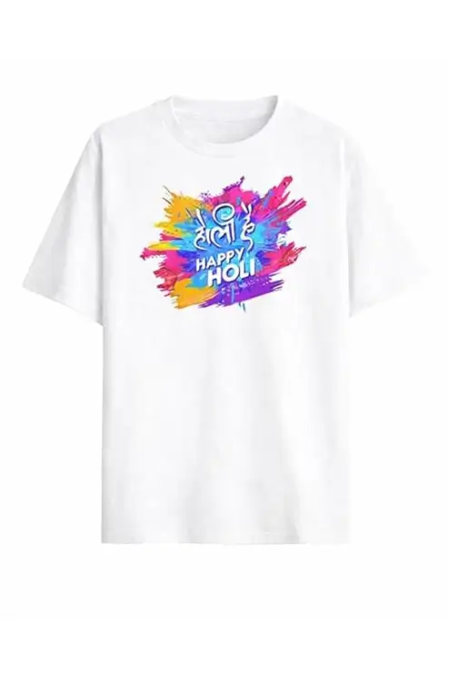 Holi Colourful Print Cotton T-Shirt, Unisex Half Sleeve - Colour White Holi Colourful Print Cotton T-Shirt, Unisex Half Sleeve - Colour White