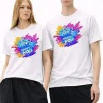 Holi Colourful Print Cotton T-Shirt, Unisex Half Sleeve - Colour White