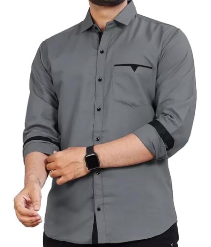 Mens Regular Fit Solid Soft Touch Cotton Casual Shirt with Pocket Design with Spread Collar & Full Sleeves