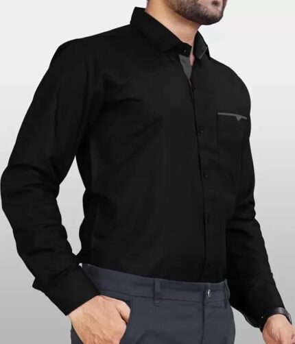 Mens Regular Fit Solid Soft Touch Cotton Casual Shirt with Pocket Design with Spread Collar & Full Sleeves colour -black