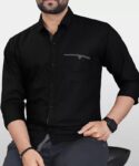 Mens Regular Fit Solid Soft Touch Cotton Casual Shirt with Pocket Design with Spread Collar & Full Sleeves colour -black
