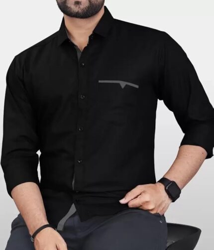 Mens Regular Fit Solid Soft Touch Cotton Casual Shirt with Pocket Design with Spread Collar & Full Sleeves colour -black