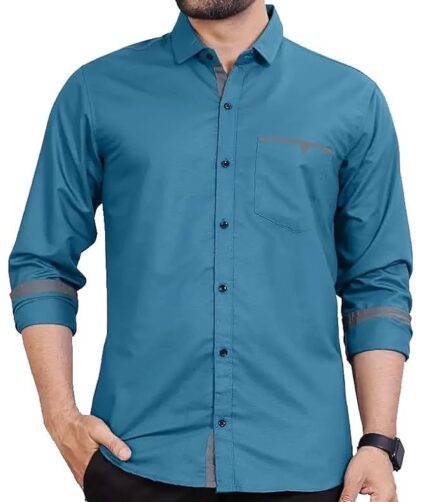Mens Regular Fit Solid Soft Touch Cotton Casual Shirt with Pocket Design with Spread Collar & Full Sleeves colour -blue