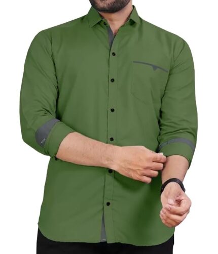 Mens Regular Fit Solid Soft Touch Cotton Casual Shirt with Pocket Design with Spread Collar & Full Sleeves colour - green