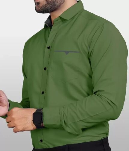 Mens Regular Fit Solid Soft Touch Cotton Casual Shirt with Pocket Design with Spread Collar & Full Sleeves colour - green