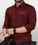 Mens Regular Fit Solid Soft Touch Cotton Casual Shirt with Pocket Design with Spread Collar & Full Sleeves colour - maroon...