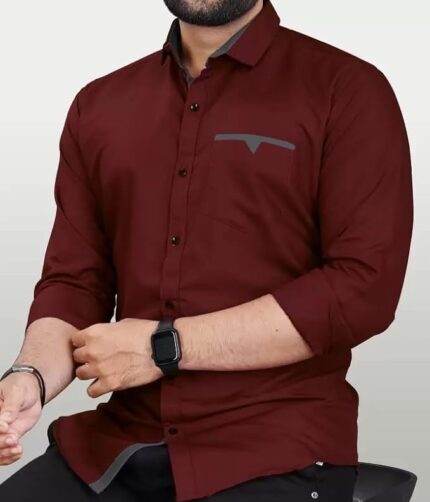 Mens Regular Fit Solid Soft Touch Cotton Casual Shirt with Pocket Design with Spread Collar & Full Sleeves colour - maroon...