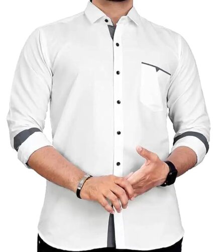 Men's Regular Fit Solid Soft Touch Cotton Casual Shirt with Pocket Design with Spread Collar & Full Sleeves - White