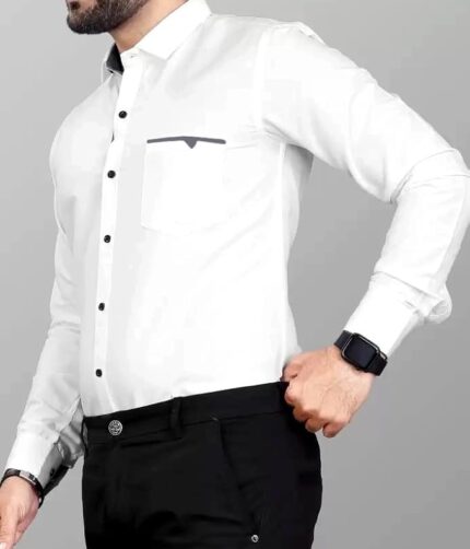 Men's Regular Fit Solid Soft Touch Cotton Casual Shirt with Pocket Design with Spread Collar & Full Sleeves - White